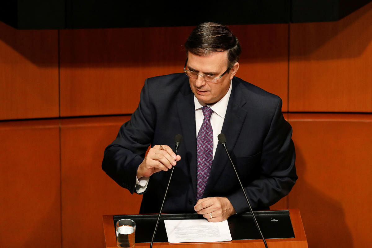 Mexico's Foreign Minister Marcelo Ebrard speaks during a session with senators and lawmakers at the Senate building in Mexico City on June 14, 2019. (REUTERS)