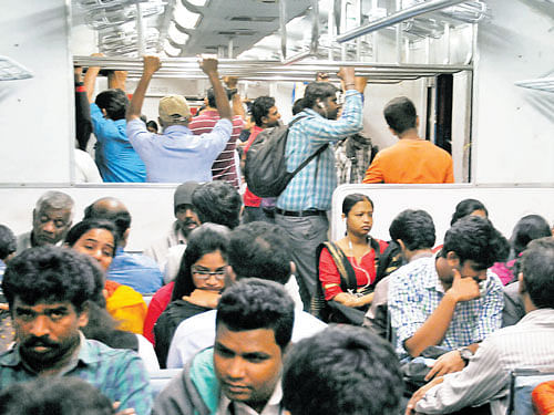 Inside a suburban train that operates a skeletal service between Yeshwantpur and Hosur. DH PHOTO