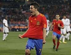 Spain's David Villa, center, celebrates after scoring a goal during the World Cup group H soccer match between Spain and Honduras at Ellis Park Stadium in Johannesburg, South Africa, on Monday. AP Photo