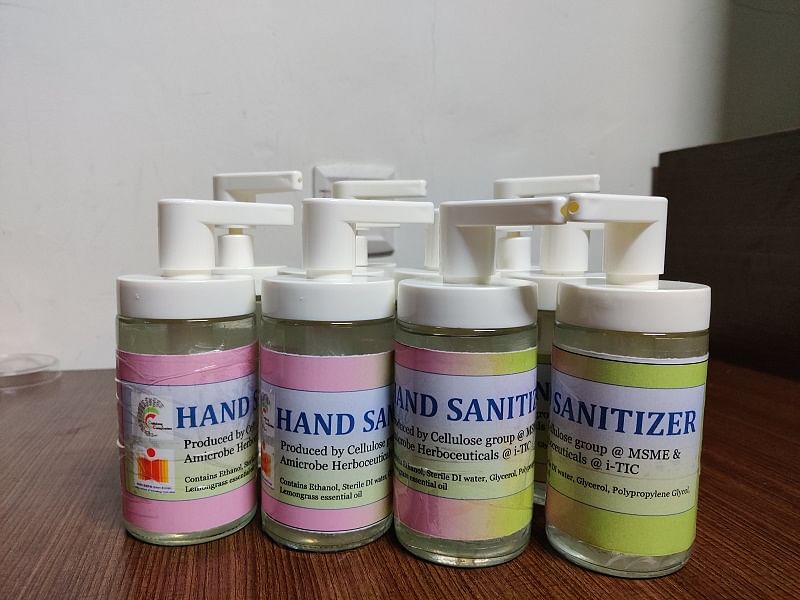 A hand sanitizer has been developed in-house at the Indian Institute of Technology Hyderabad. (DH hoto)