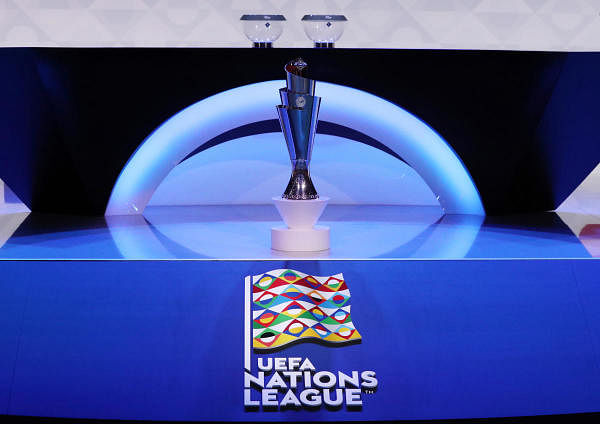 The UEFA Nations League trophy on display before the draw. (Reuters Photo)