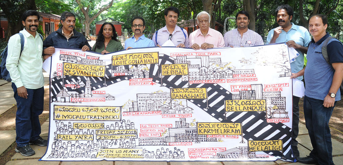 Activists at a press conference on the ‘#ModaluTrainBeku’ yatra in Bengaluru on Wednesday, seeking a commuter railway network for the city.  DH PHOTO/Srikanta Sharma R