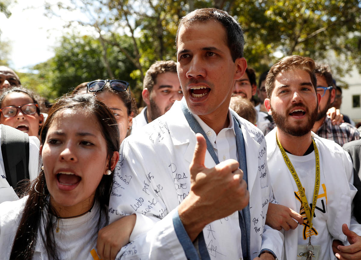 Venezuelan opposition leader and self-proclaimed interim president Juan Guaido takes part in a protest against Venezuelan President Nicolas Maduro's government in Caracas. Reuters file photo.