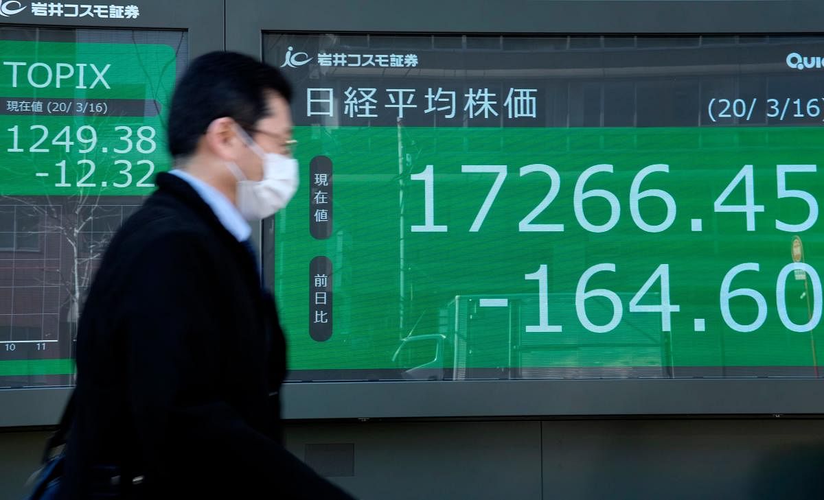 A pedestrian passes a quotation board displaying the share price numbers of the Tokyo Stock Exchange in Tokyo on March 16, 2020. (AFP Photo)