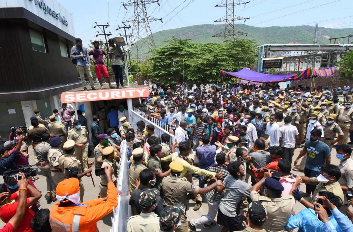 Locals stage a protest against LG Polymers industry after the chemical gas leakage incident, demanding immediate closure of the plant, at RR Venkatapuram village in Visakhapatnam, Saturday, May 09, 2020. (PTI Photo)