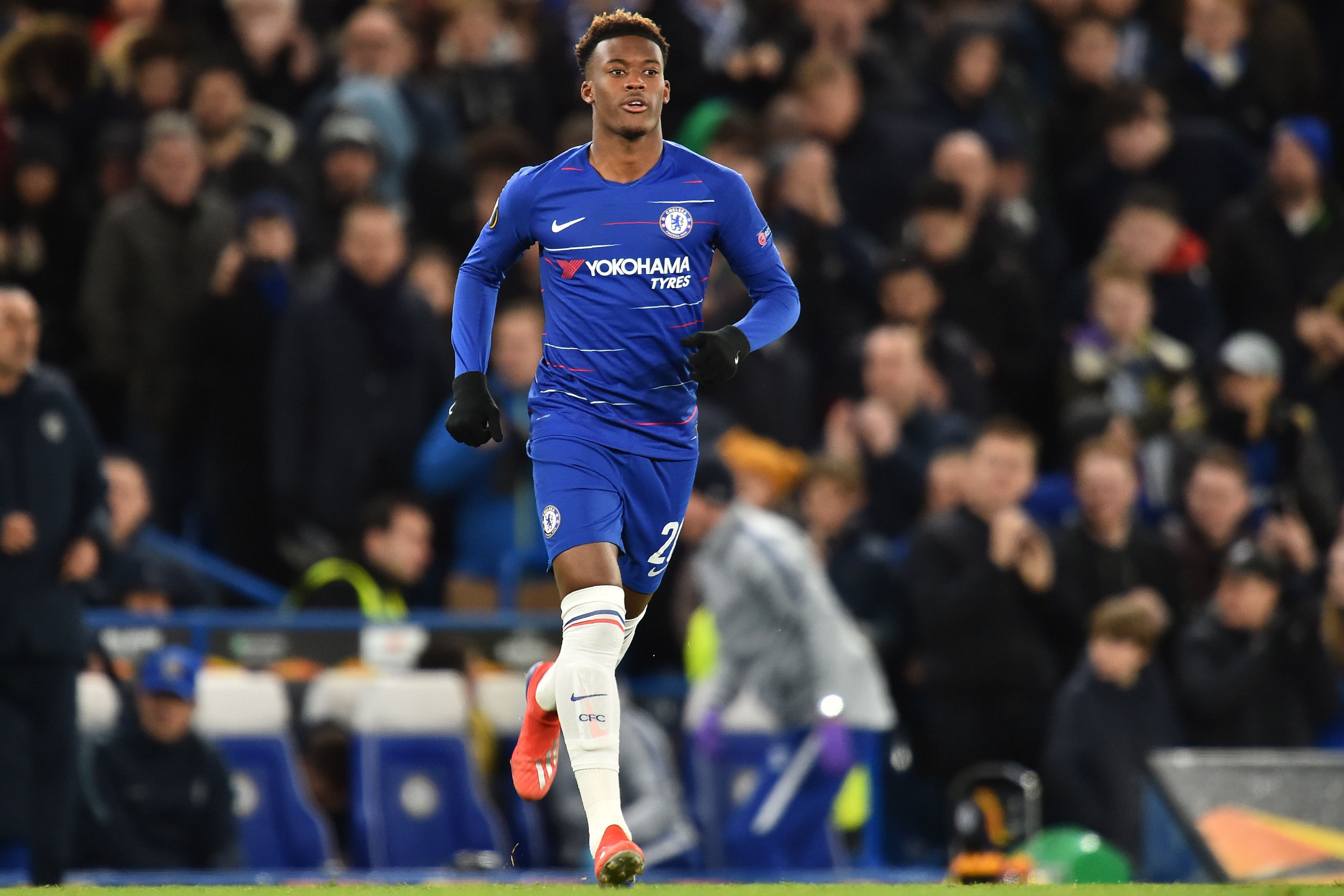 In this file photo taken on March 07, 2019 Chelsea's English midfielder Callum Hudson-Odoi comes on as substitute during the first leg of the UEFA Europa League round of 16 football match between Chelsea and Dynamo Kiev at Stamford Bridge stadium in London. (Credit: AFP)