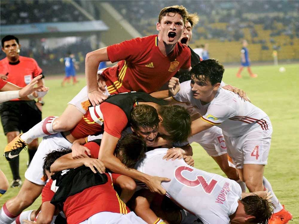 RISING TO THE OCCASION: Spanish players celebrate after Abel Ruiz scored the winner during their pre-quarterfinal clash against France in Guwahati on Tuesday. PTI Photo