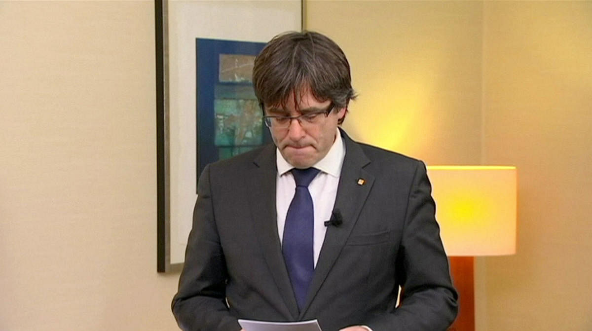 Sacked Catalan President Carles Puigdemont makes a statement in this still image from video calling for the release of "the legitimate government of Catalonia", after a Spanish judge ordered nine Catalan secessionist leaders to be held in custody pending a potential trial over the region's independence push, in Brussels, Belgium. Reuters photo.