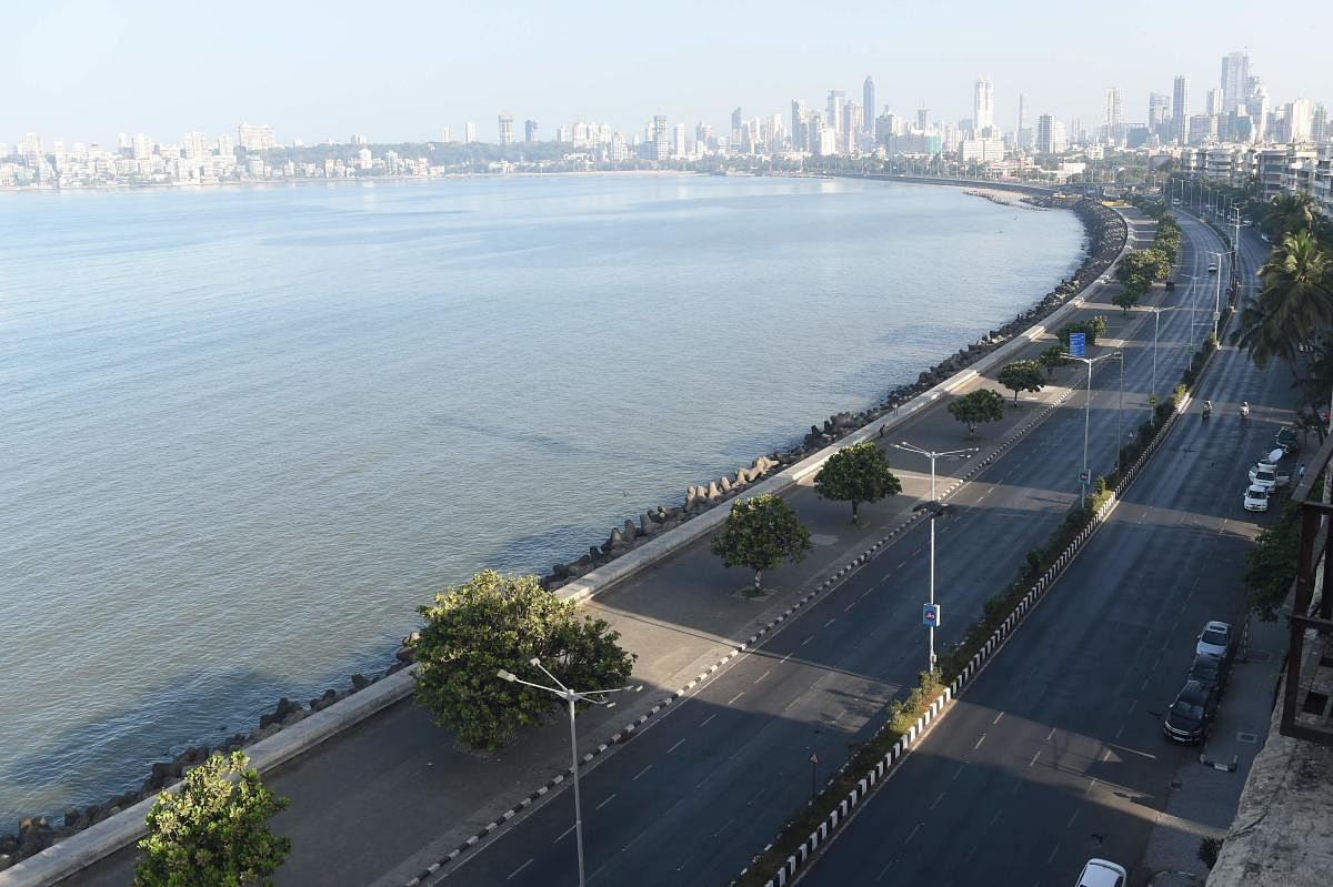 Deserted roads at marine drive are seen during a one-day Janata (civil) curfew imposed amid concerns over the spread of the COVID-19 novel coronavirus, in Mumbai on March 22, 2020. Credit: AFP Photo