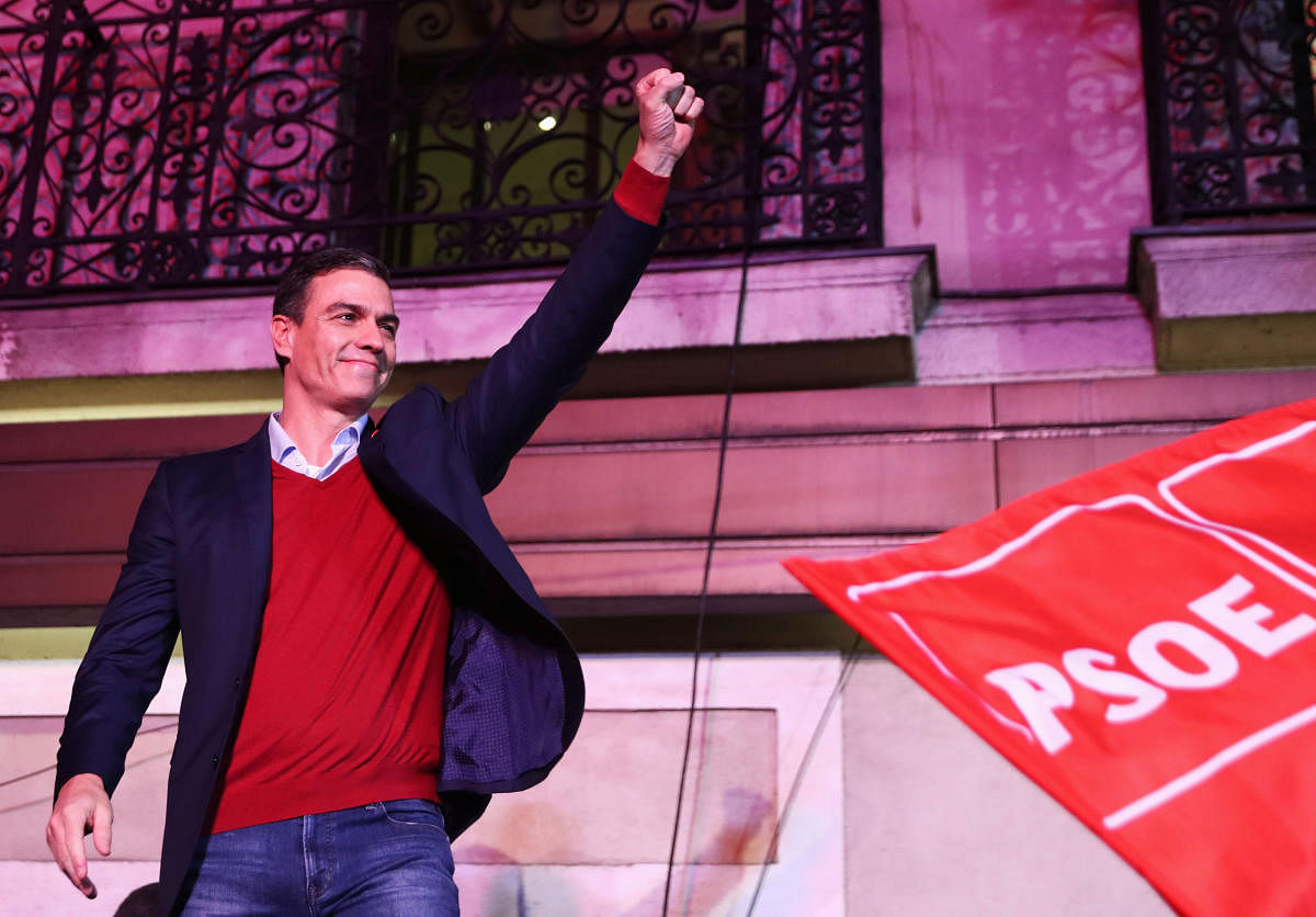 Spain's acting Prime Minister and Socialist Party leader (PSOE) candidate Pedro Sanchez reacts to supporters during Spain's general election at party headquarters in Madrid, Spain, November 10, 2019. REUTERS/Sergio Perez