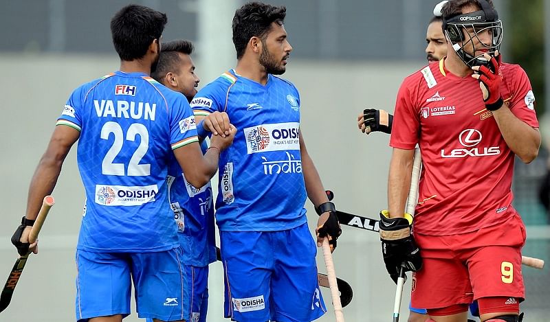 Harmanpreet Singh (C) celebrates with teammates after scoring a goal against Spain in the India-Spain hocket test series match in Antwerp. (PTI Photo)