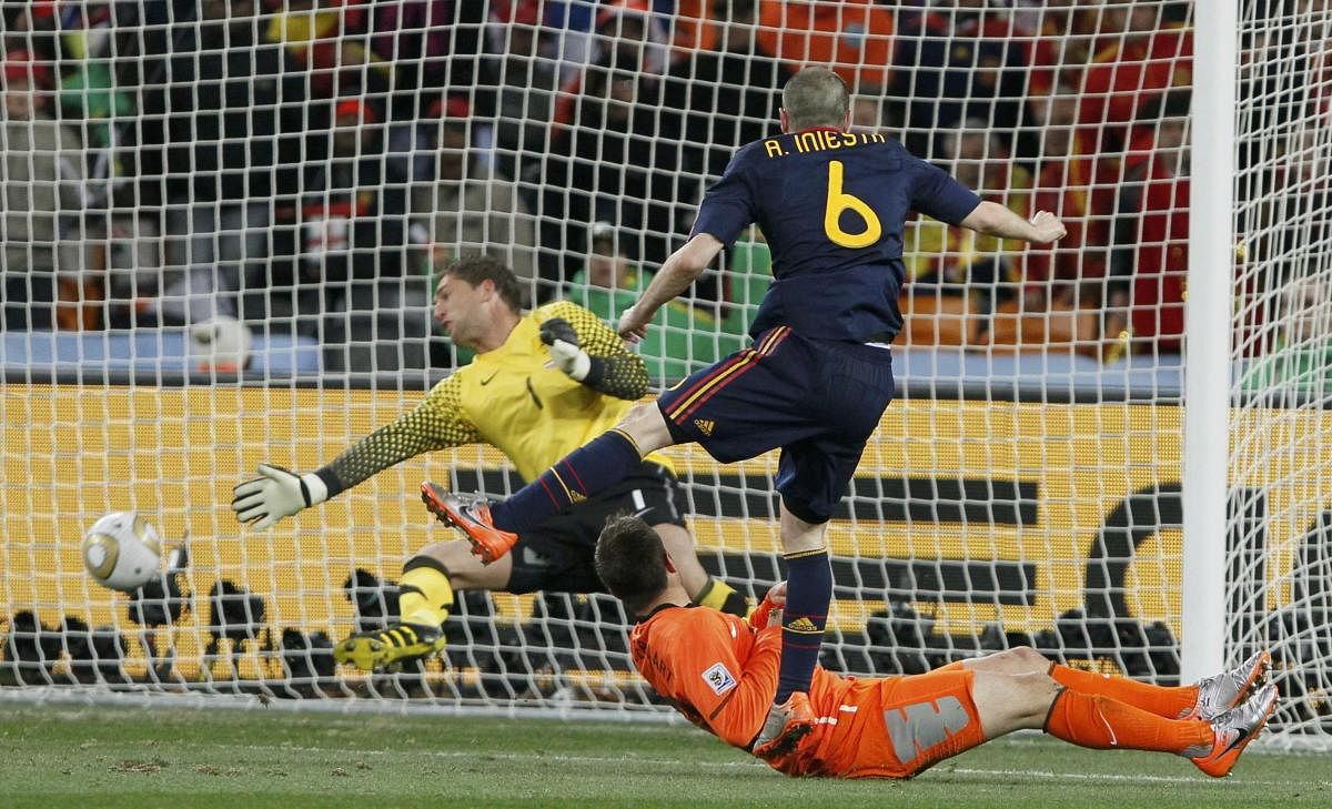 Andres Iniesta scores in the final of the 2010 World Cup against Netherlands. 