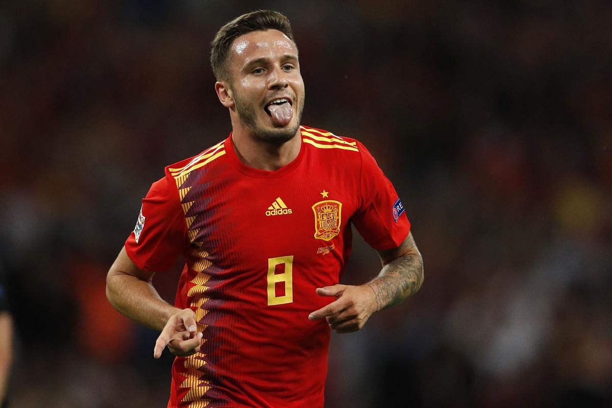DELIGHTED: Spain's Saul Niguez celebrates after scoring his team's equaliser against England in their Nations League tie on Saturday. AFP