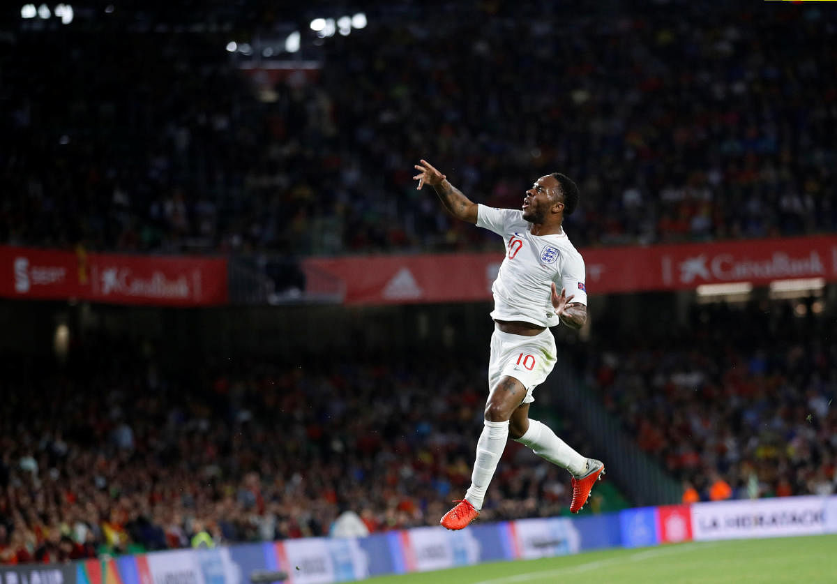 England's Raheem Sterling celebrates after scoring against Spain on Monday. Reuters
