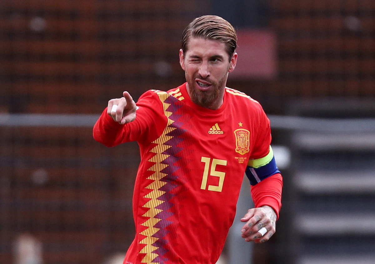 ON TARGET: Spain's Sergio Ramos celebrates after scoring their first goal against Faroe Islands. Reuters 