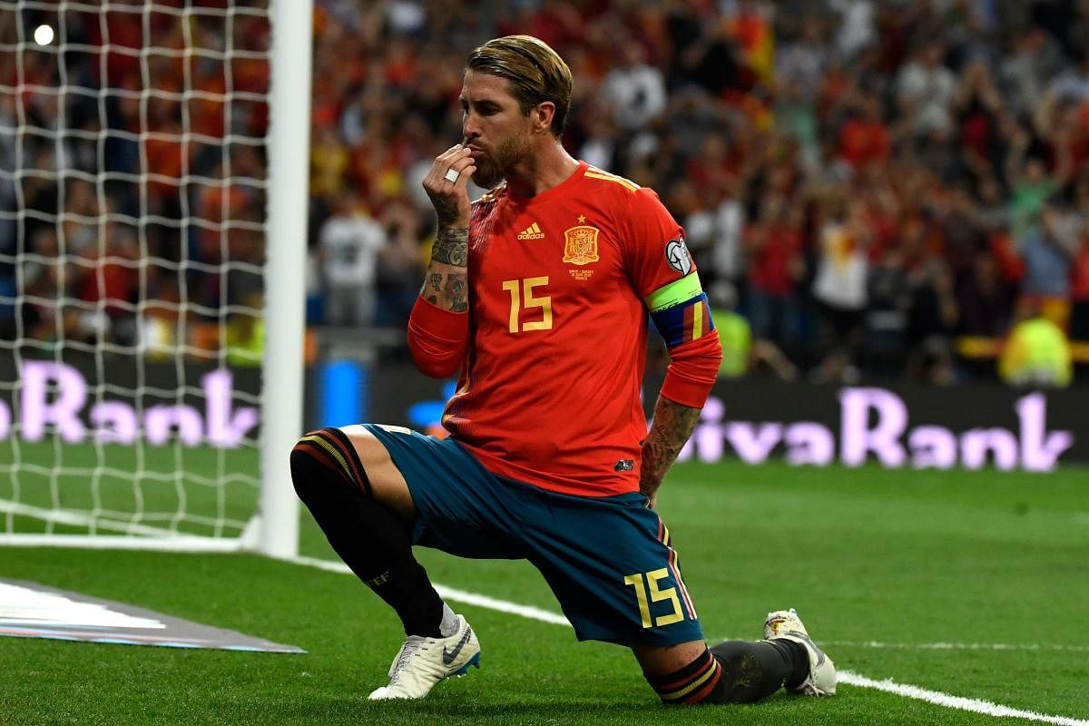 Spain's Sergio Ramos celebrates after scoring a penalty against Sweden during their Euro qualifying match in Madrid on Monday. AFP