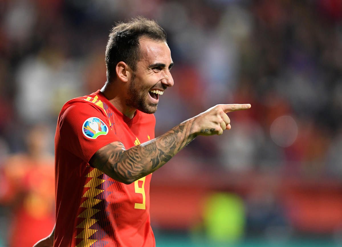 Spain's Paco Alcacer celebrates scoring their fourth goal. (Reuters Photo)