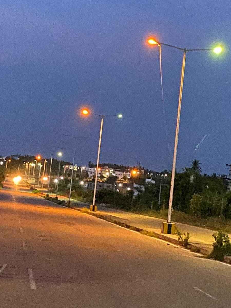 Street lights on Outer Ring Road in Mysuru.