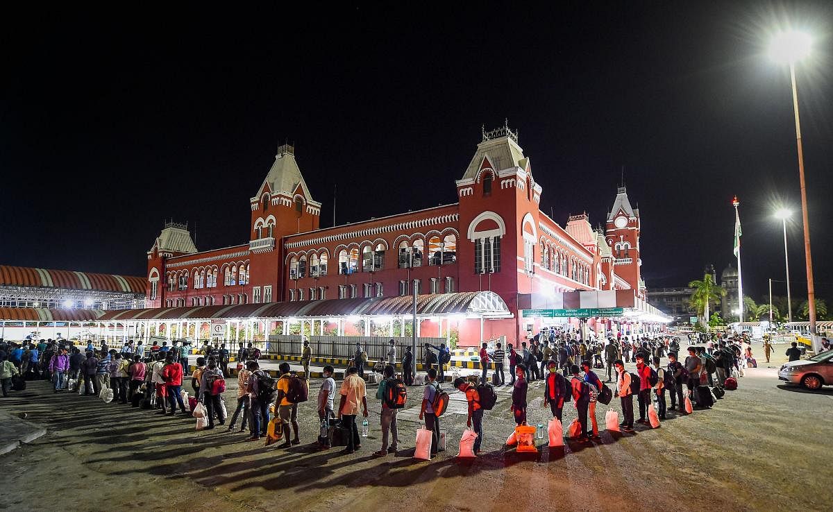  Migrants from Odisha on their way to board Shramik special train to reach their native places during the ongoing COVID-19 lockdown, at Central Railway Station, in Chennai, Saturday, May 9, 2020. (PTI Photo)
