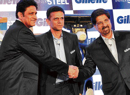 big three: Former Indian captains Anil Kumble (left), Rahul&#8200;Dravid (centre) and Krish Srikkanth during a promotional event in Bangalore on Thursday. DH&#8200;Photo
