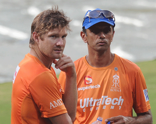 Rajasthan Royals' coach Dravid along with the captain Shane Watson during the practice session ahead of IPL Match. Rajasthan Royals mentor Rahul Dravid says his side do not mind being called ''underdogs'' but their fighting brand of cricket makes them a tough side to beat. PTI File Photo