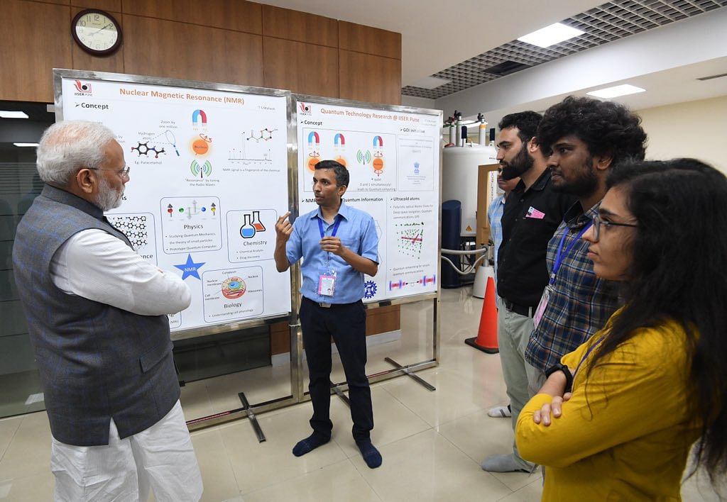 The IISER scientists displayed their presentations to the Prime Minister on varied topics ranging from new materials and devices for clean energy application to agricultural biotechnology to natural resource mapping.  (Twitter Image/@narendramodi)