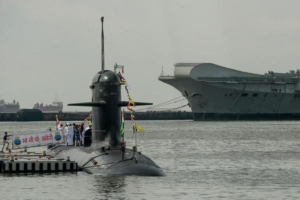 'INS Khanderi', the second submarine of Project 75 (Yard 11876), is seen during its commissioning ceremony into the Indian Navy at Mumbai naval base on September 28, 2019. (AFP photo)
