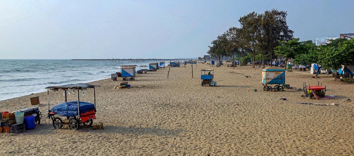 A view of deserted Calicut beach in the wake of coronavirus (COVID-19) pandemic in Kozhikode. (PTI Photo)