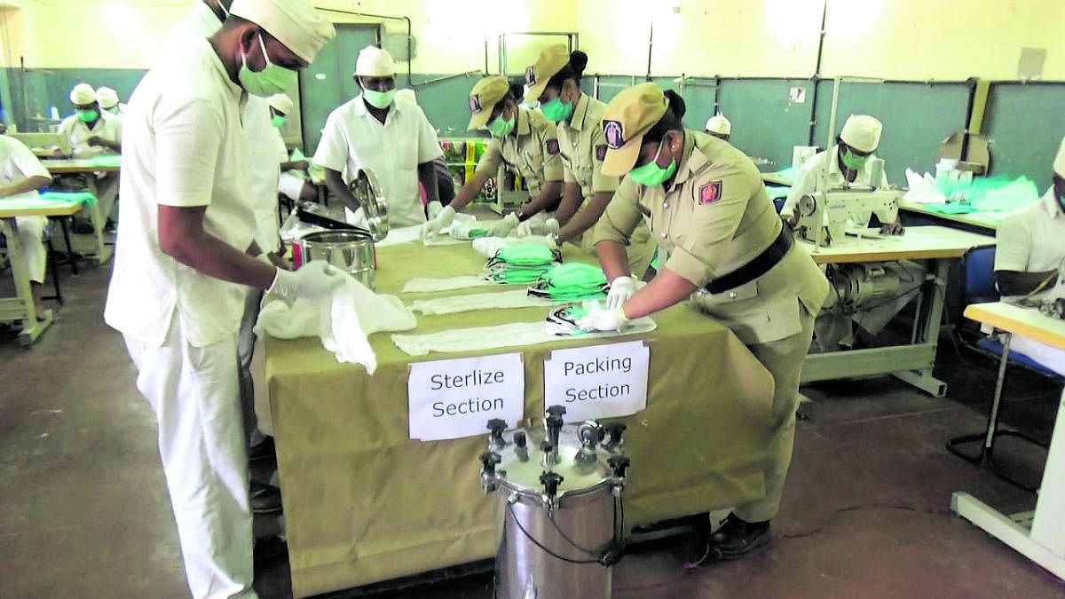 Prisoners and prison staff busy making masks at the Central Prison in Parappana Agrahara, Bengaluru.