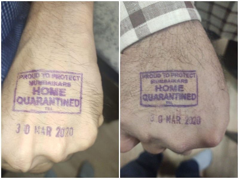 Samples of the stamp that is being put on people arriving in Mumbai and sent to home quarantine. (DH Photo)