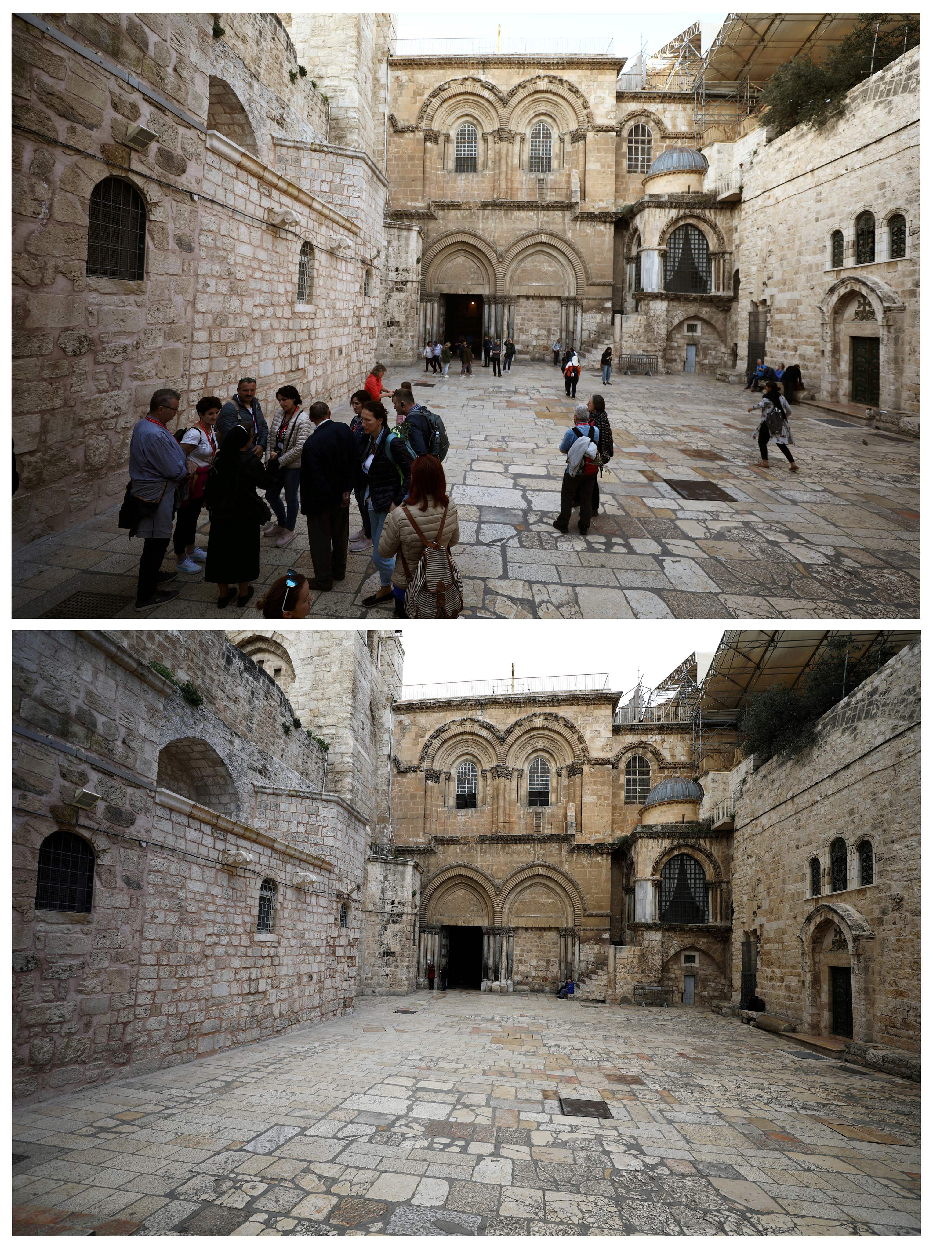 A combination picture shows visitors gathering in an area near the entrance of the Church of the Holy Sepulchre in Jerusalem's Old City. (Credit: Reuters)