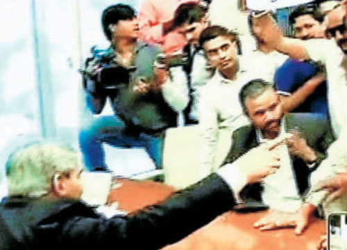 Shiv Sena workers storm BCCI office protesting against Indo-Pak cricket meet in Mumbai on Monday. PTI