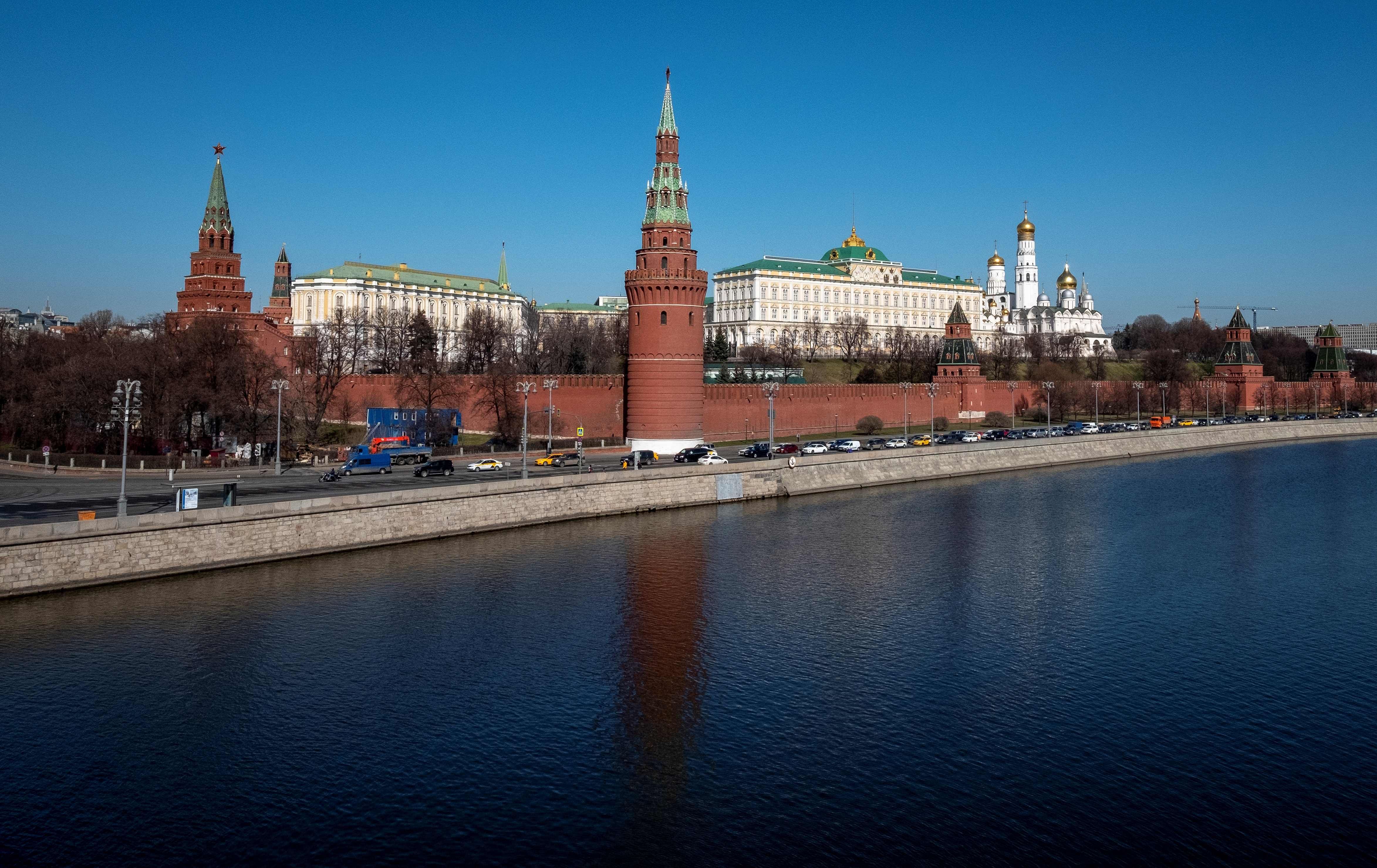 A view of the Kremlin in downtown Moscow on March 26, 2020.  (Credit: AFP Photo)
