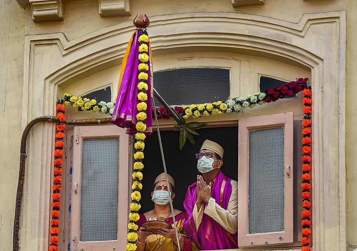Residents dressed in traditional attire celebrate Marathi New Year (Gudi Padwa), during a nationwide lockdown in the wake of coronavirus pandemic (PTI Photo)