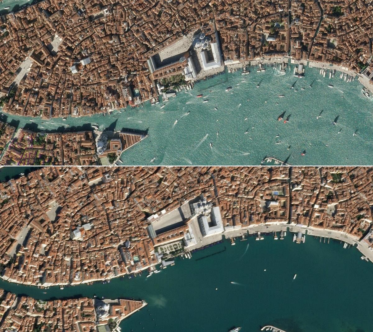 This combination of pictures created on March 19, 2020 using handout satellite images released by Maxar Technologies shows boats in the waters off of San Marco square (C) in Venice, Italy (top) and nearly empty waters off of San Marco square on March 18, 2020, during the novel coronavirus, COVID-19 outbreak. (AFP Photo)