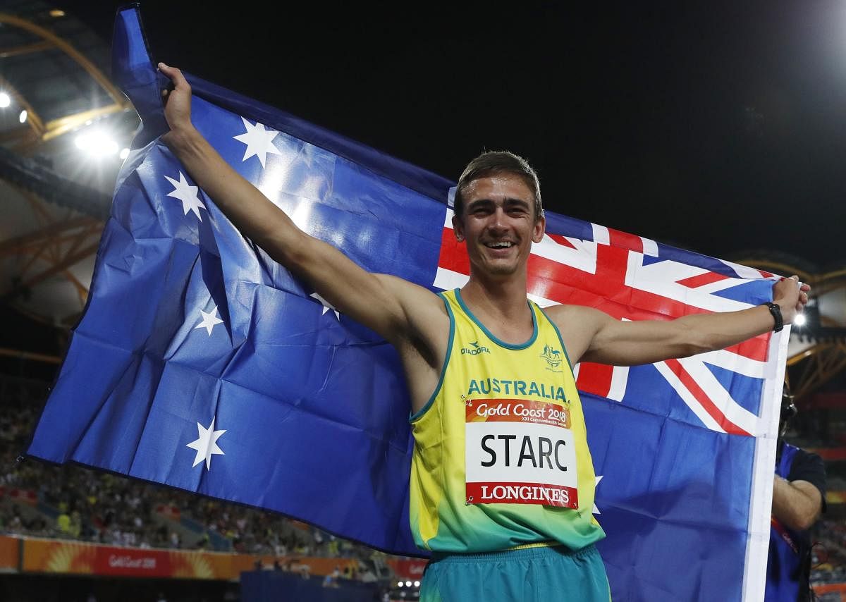 Brandon Starc of Australia celebrates after winning the high jump gold.