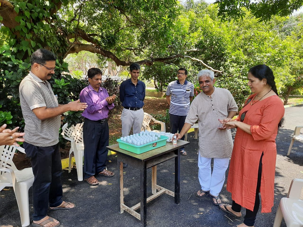 NITK director Prof Uma Maheshwar Rao releases hand sanitizers at NITK, Surathkal. (DH Photo)