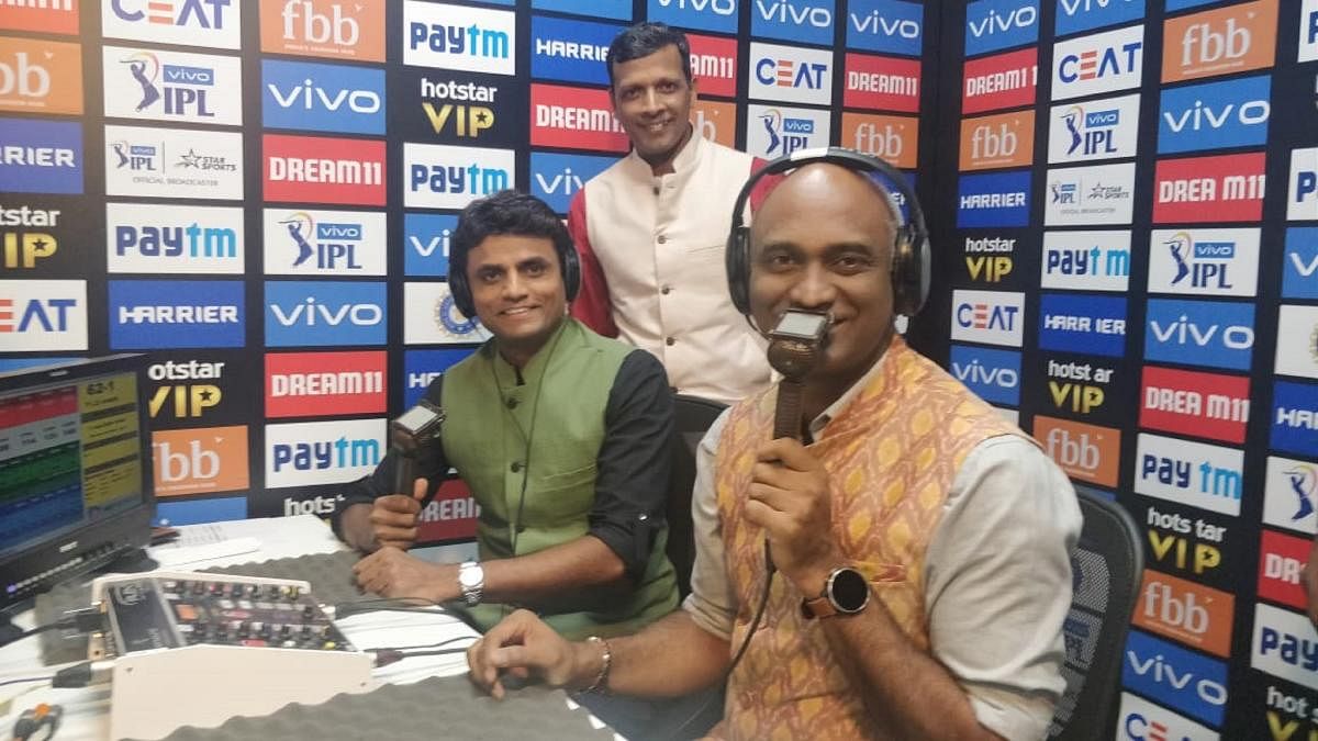 Sujith Somasundar, Vijay Bharadwaj and (standing) Srinivas Murthy during an IPL match recently.