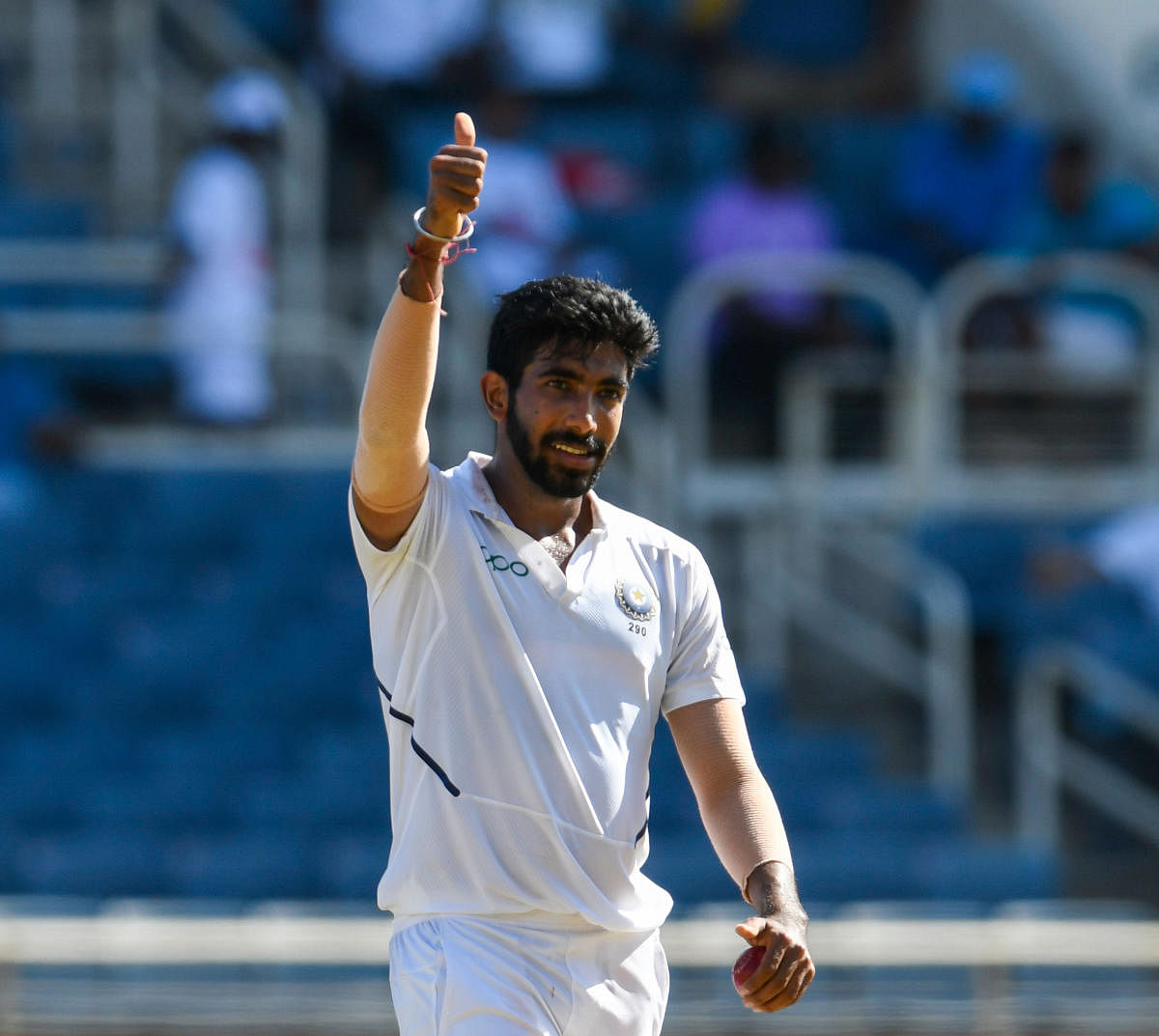 Jasprit Bumrah of India celebrates taking 5 wickets during day 2 of the 2nd Test between West Indies and India at Sabina Park, Kingston, Jamaica, on August 31, 2019. (Photo AFP)