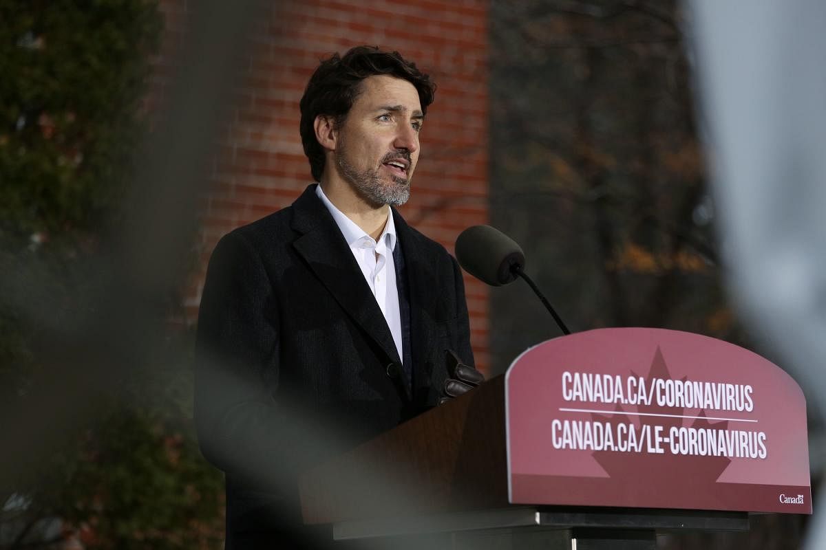 Canadian Prime Minister Justin Trudeau speaks during a news conference on COVID-19 situation in Canada from his residence in Ottawa, Canada. (Photo by AFP)