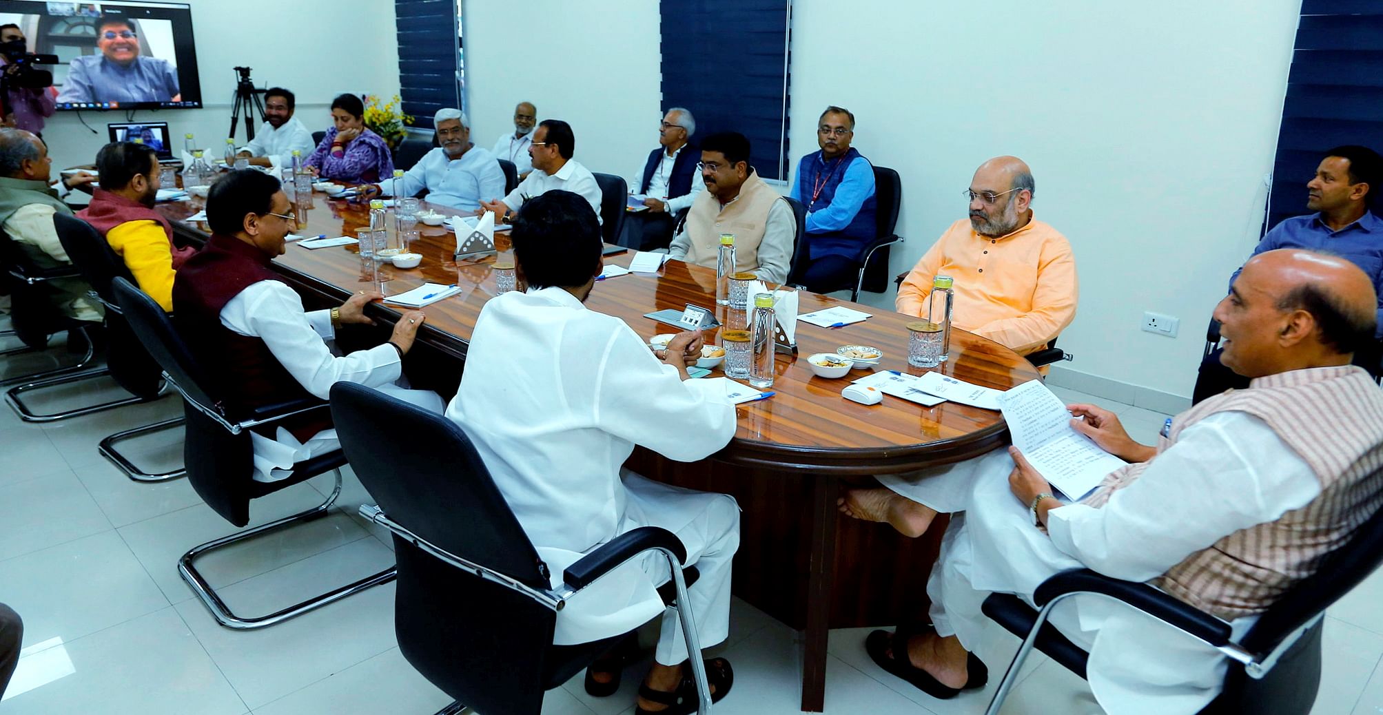 Defence Minister Rajnath Singh chairs a meeting of Group of Ministers to review measures undertaken to fight COVID-19, in New Delhi. (PTI Photo)
