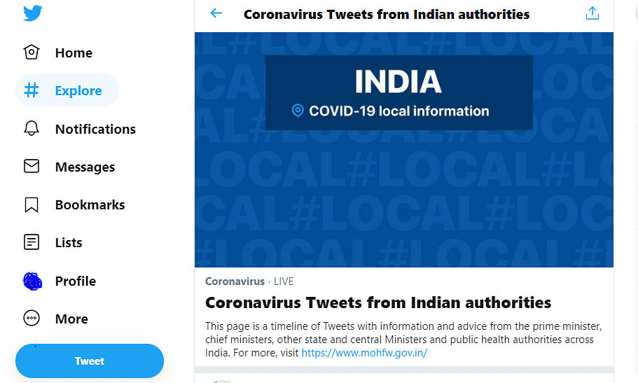 Twitter has launched an events page dedicated to COVID-19 information (screen-shot)