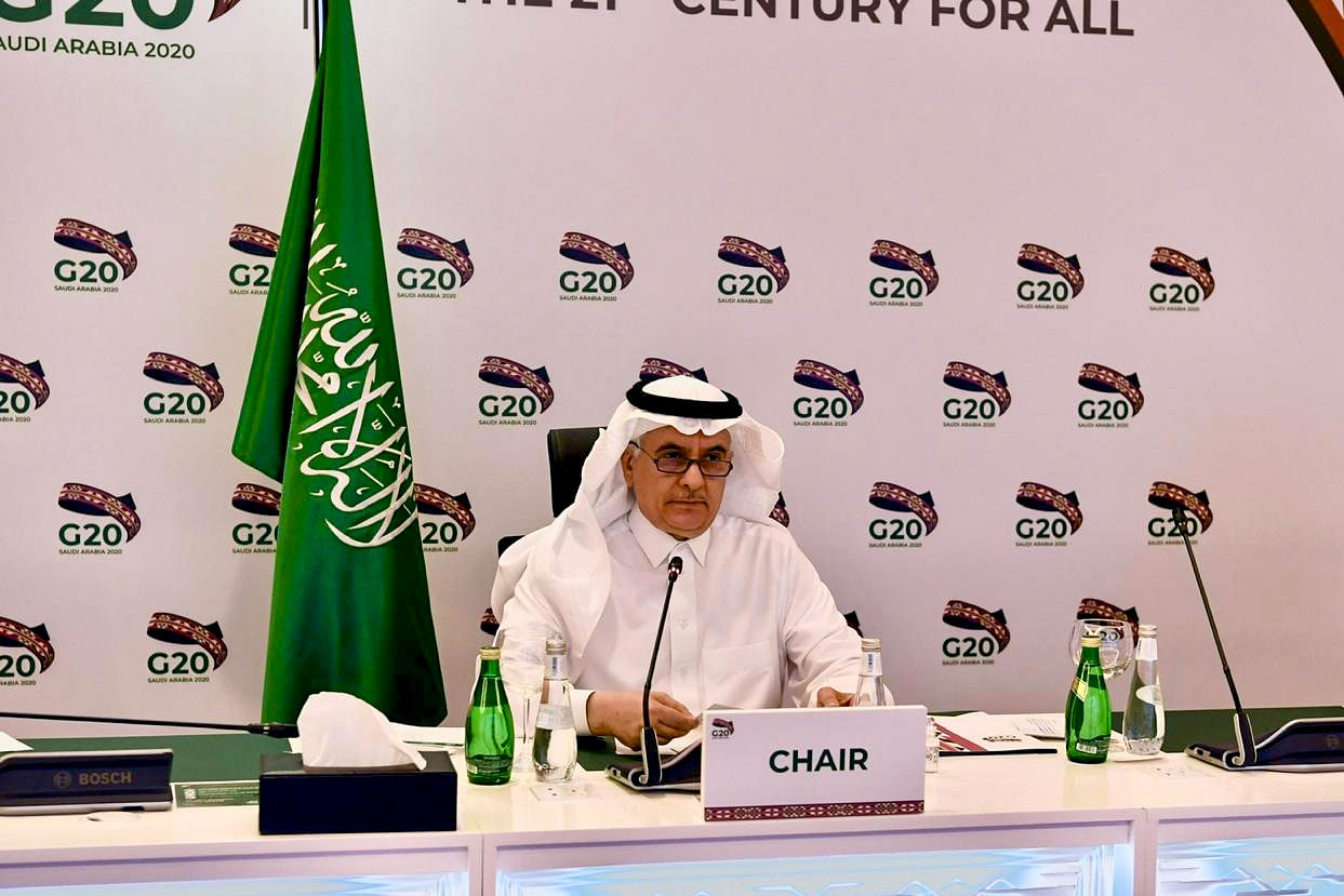 Saudi Minister of Environment, Water and Agriculture Abdulrahman Al-Fadley chairing a videoconference meeting of the G20 Agriculture ministers. (AFP Photo)