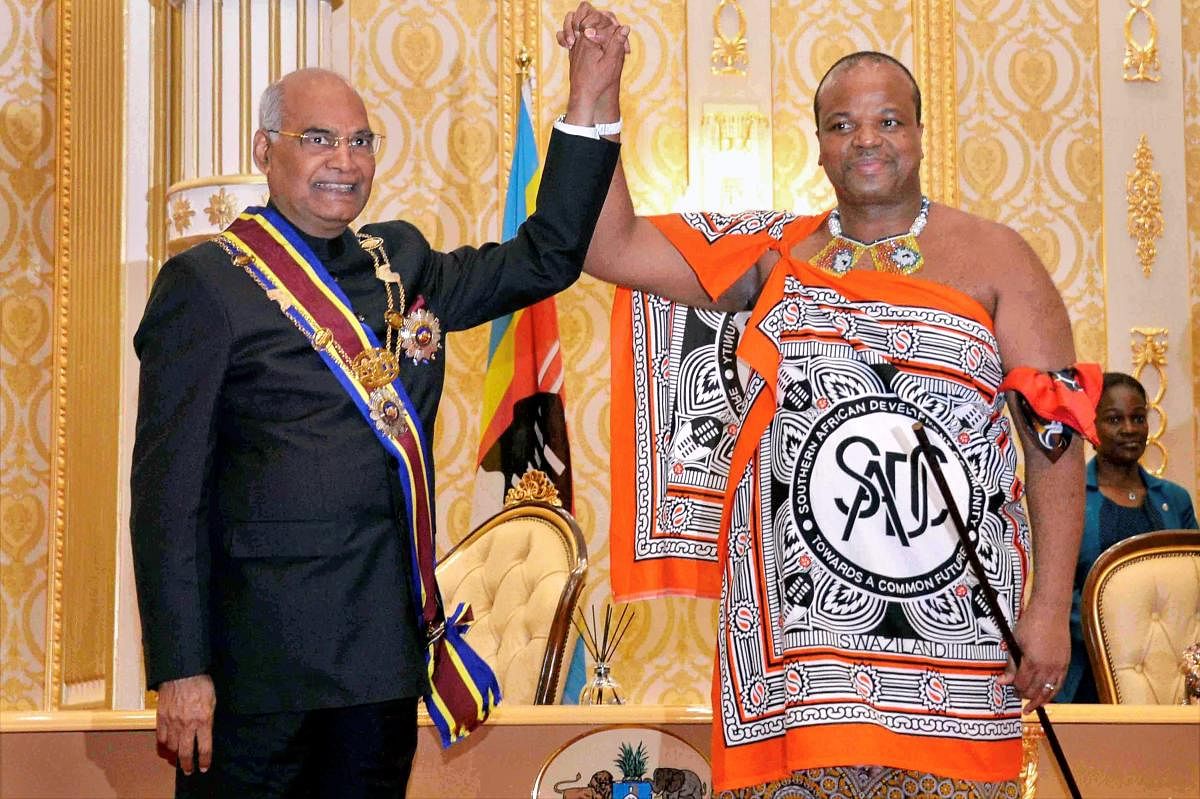 Swaziland King Mswati III (R) seen greeting Indian President Ram Nath Kovind (L) during the latter's visit to the Lozitha Palace in Swaziland, Shikhuphe. King Mswati III on Thursday said that he was officially renaming the country as the Kingdom of eSwatini. PTI file photo