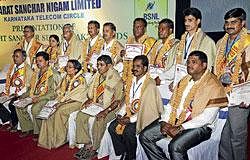 BSNL Vishisht Sanchar Seva Padak awardees at a programme organised by Karnataka Circle at Ambedkar Bhavan in Bangalore on Friday. dh photo