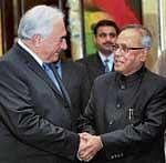 Finance Minister Pranab Mukherjee with IMF Managing Director Dominique Strauss-Kahn, during their meeting, in New Delhi, on Thursday. PTI