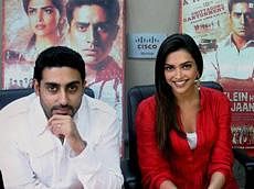 Actors Abhishek Bachchan and Deepika Padukone interact with media persons of New York, London and Bangalore through a teleconference as they promote their forthcoming film 'Khelein Hum Jee Jaan Sey' in Mumbai on Wednesday evening. PTI