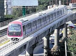 Trial now: A Metro train makes a technical run between Byappanahalli Station and CMH Road on Monday. DH Photo