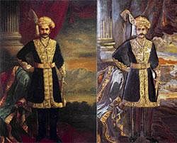 Double delight Left: A painting of Mysore ruler Chamarajendra Wodeyar. Right: Wood work by artist Puttaraju.
