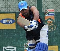 Indian captain Mahendra Singh Dhoni bats during training at St George's Park in Port Elizabeth on Thursday on the eve of their fourth one-day international against South Africa. AFP